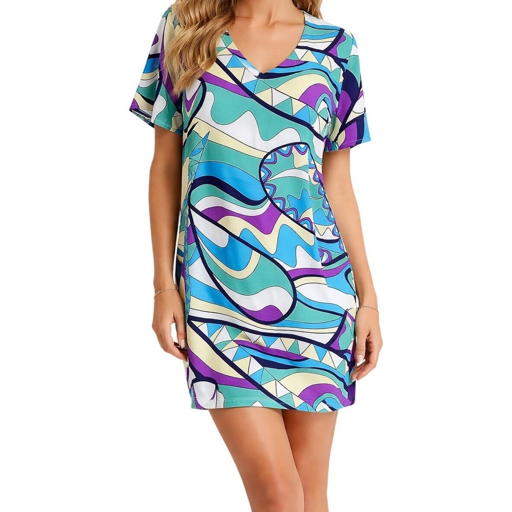 TYCHE Teal Purple Abstract‎ Print Tunic Dress Boho Resort Shift Dress M